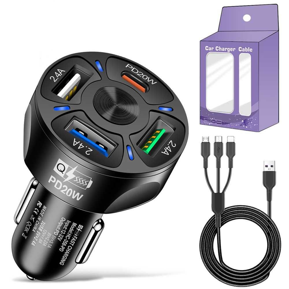 Ładowarka samochodowa 3x USB + 1x USB C - PD20W + kabelek