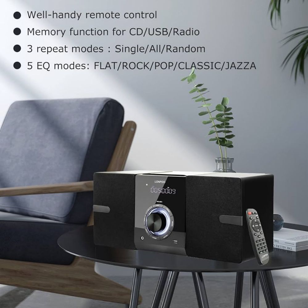 Lonpoo Micro HiFi z odtwarzaczem CD, Bluetooth, radiem FM, USB,