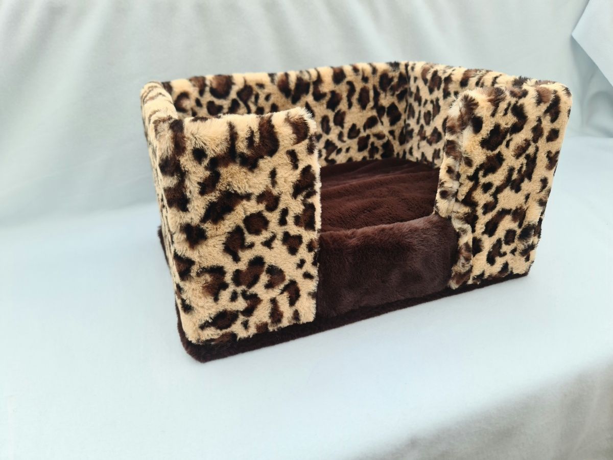 Cama de Animais Luxuosa de Pelo Leopardo e Castanho