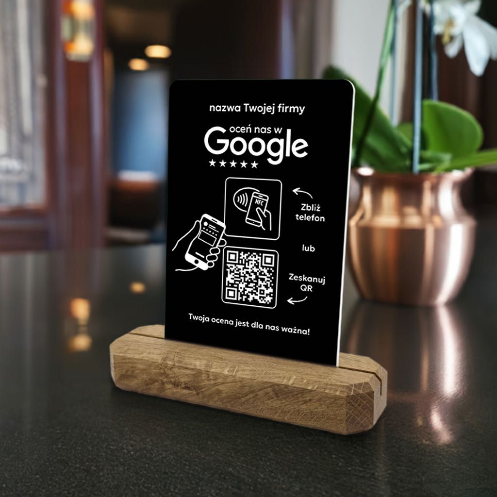Stojak prezenter z QR i NFC do zbierania opinii w Google + nazwa firmy