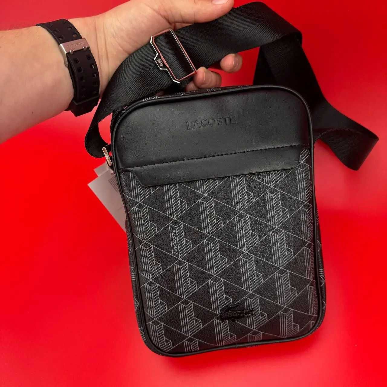 Чоловіча сумка Lacoste барсетка через плече Лакоста Чорна кожана сумка