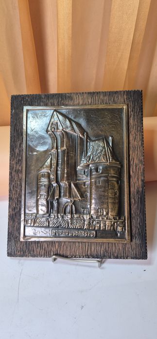 Obraz mosiężny płaskorzeźba Żuraw Gdańsk metaloplastyka PRL T1