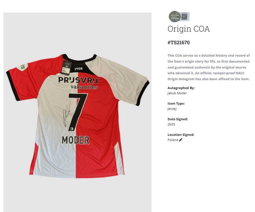 Jakub Moder Feyenoord koszulka z autografem + certyfikat autentycznoś.