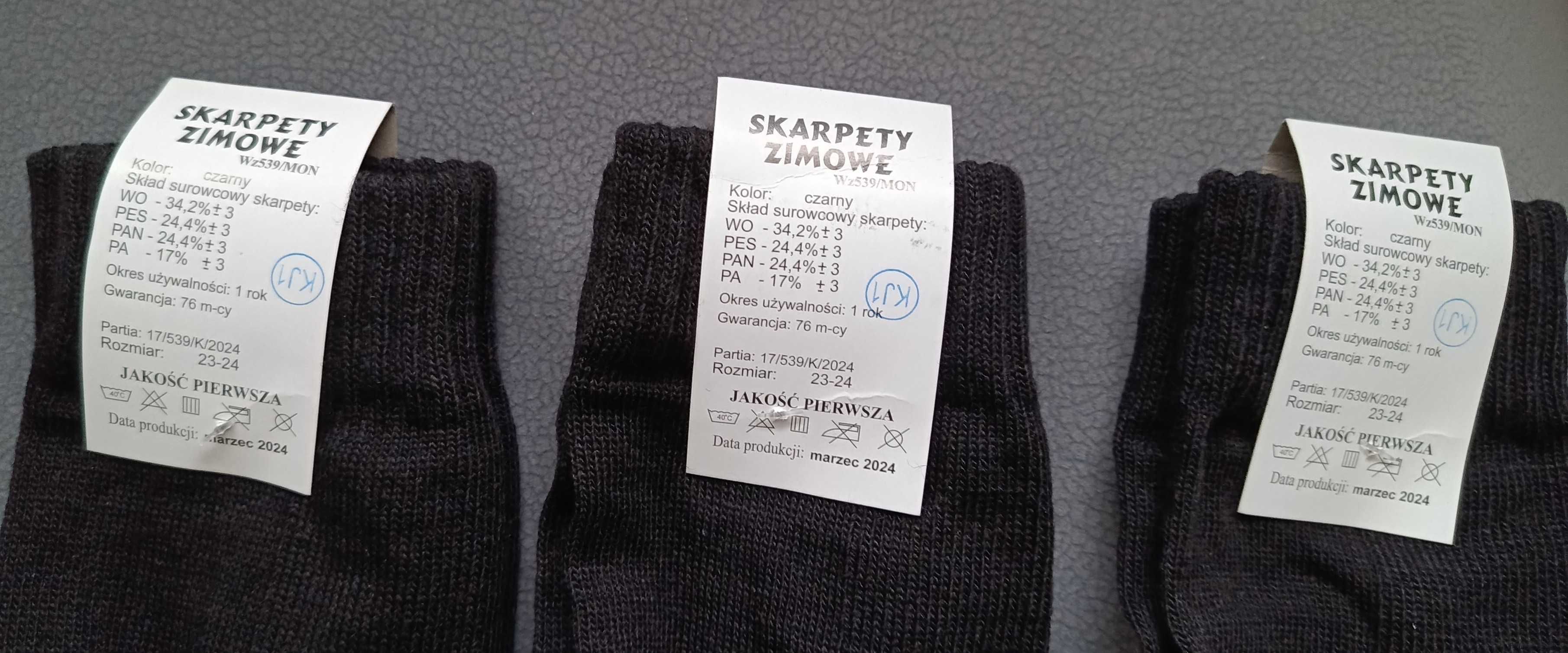 Nowe skarpety zimowe 539/MON, czarne, rozmiar 23-24, KRAJEWSKI