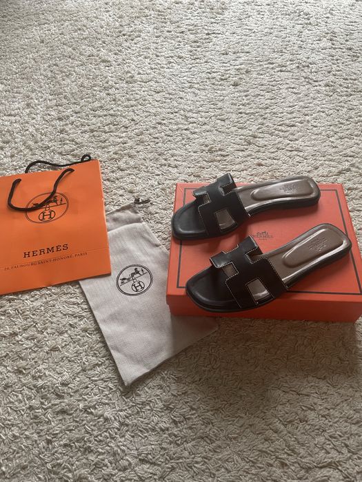 Hermes klapki, rozmiar 39, kolor czarny/brązowe, nowe, pudełko