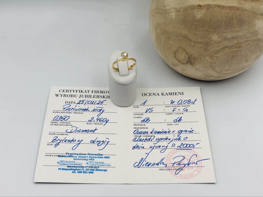 Pierścionek Złoty z Brylantem 585/14k 0.08ct Certyfikat roz20