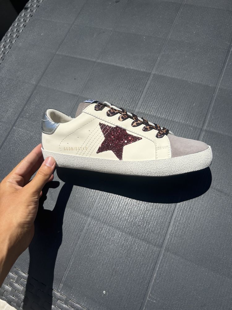 Golden Goose-Super-Star with burgundy glitter star and silver heel tab