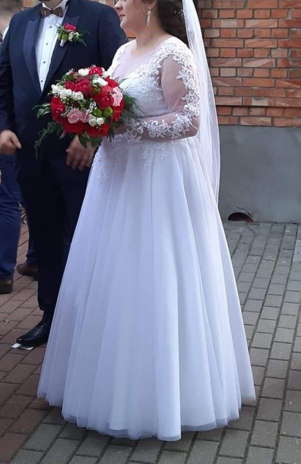 Biała suknia ślubna z rękawami i gorsetem 42 44 46 plus size + koło