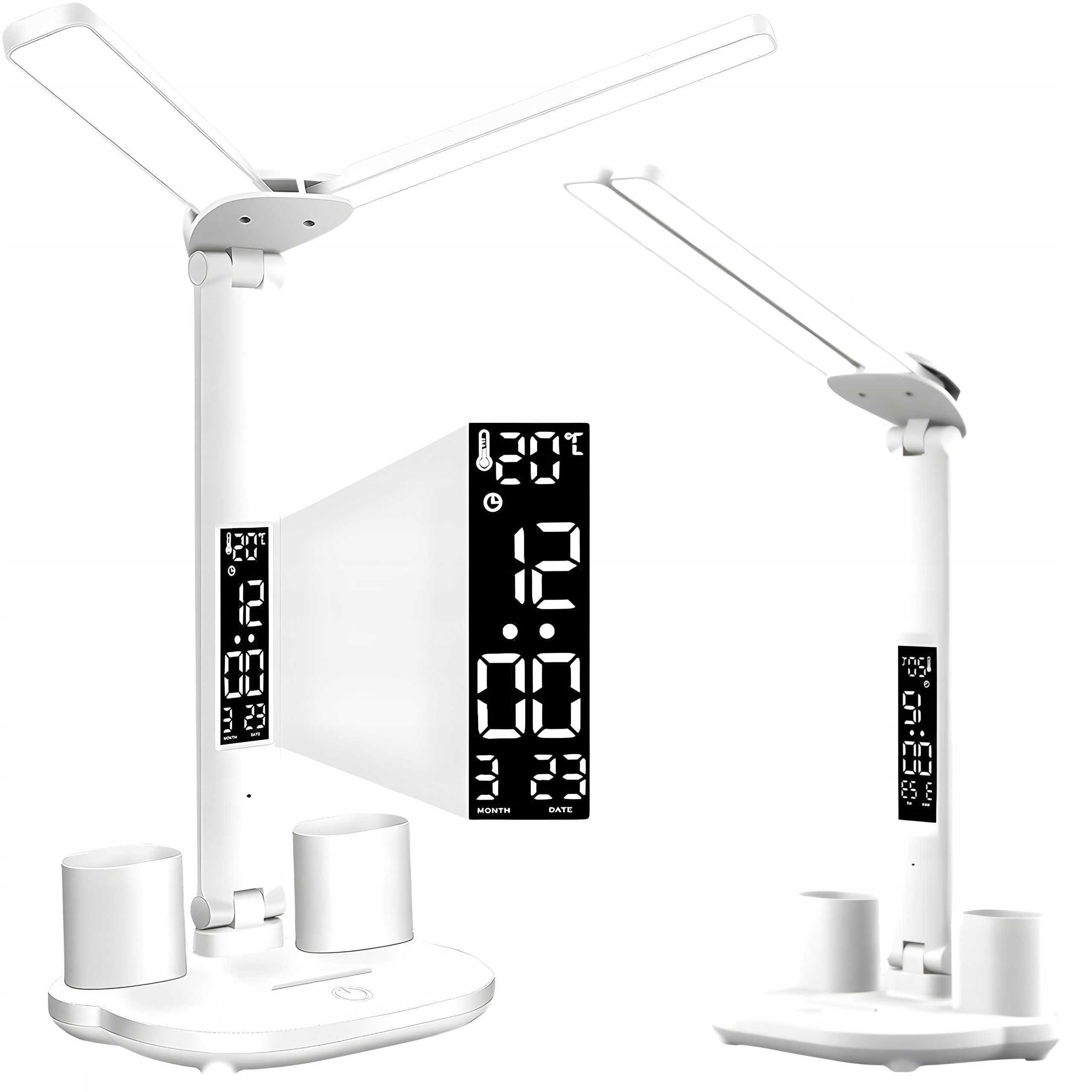 Podwójna lampka biurkowa led z wyświetlaczem organizer temp data 6w1