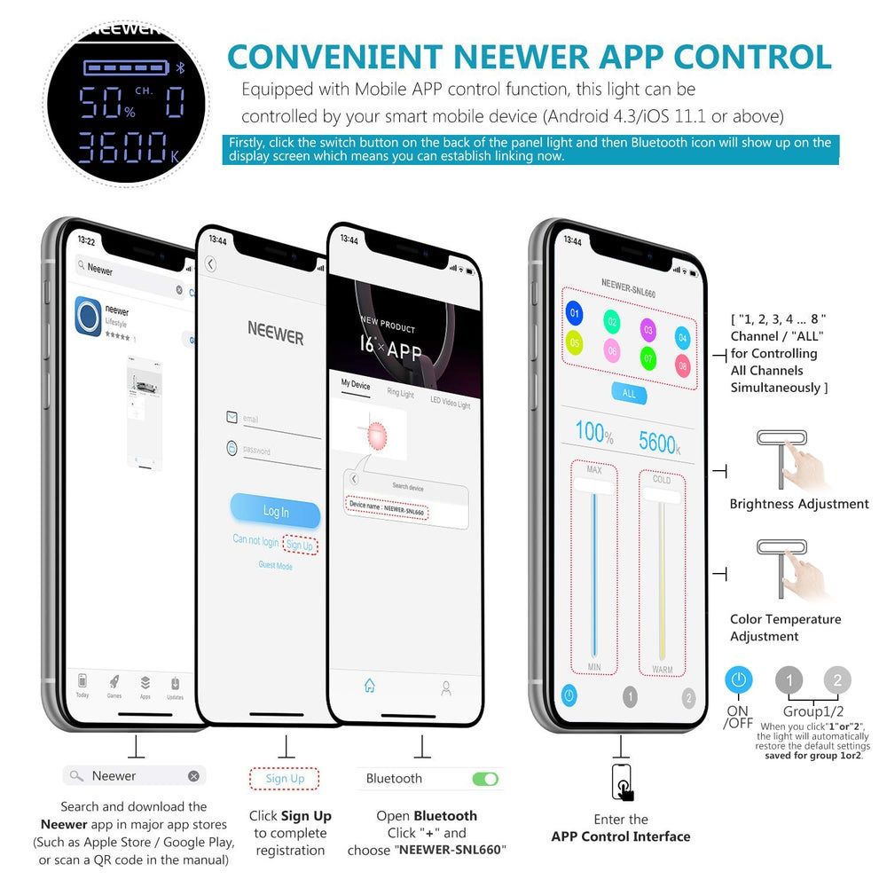 Painel de iluminação LED Neewer SNL660 controlo por APP NOVO