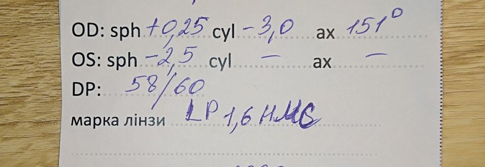 Італійські лінзи до окулярів (+0,25)(-2,5) (-3,0)(151°]