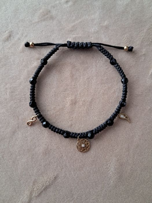 Bransoletka _ złoto, brylanty, kamienie naturalne, sznurek