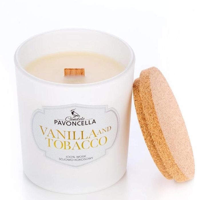 Świeczka sojowa Vanilla and Tabacco biała 135g Pavoncella oprawa: