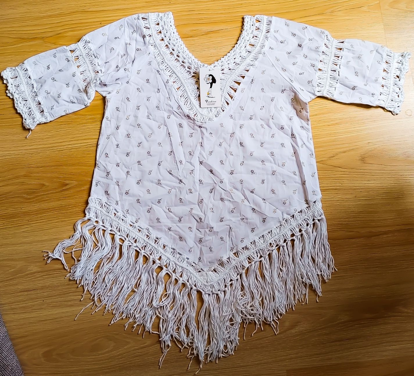 Bluzka Fashion frędzle złoty print uni