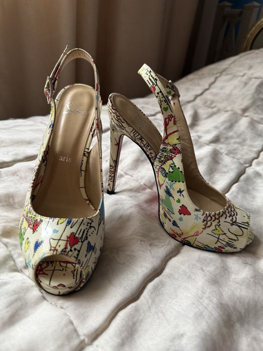 Christian Louboutin peep toe ankle strap graffiti