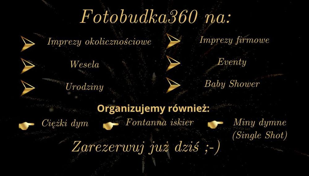 Fotobudka360 z drukiem zdjęć, ciężki dym, single shot, fotobox, fontan