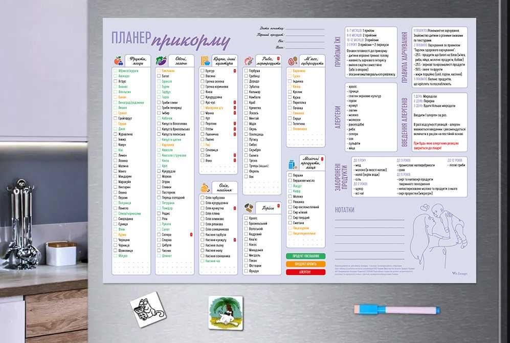 Магнітний планер прикорму (різні) пиши-стирай А3. 150 продуктів