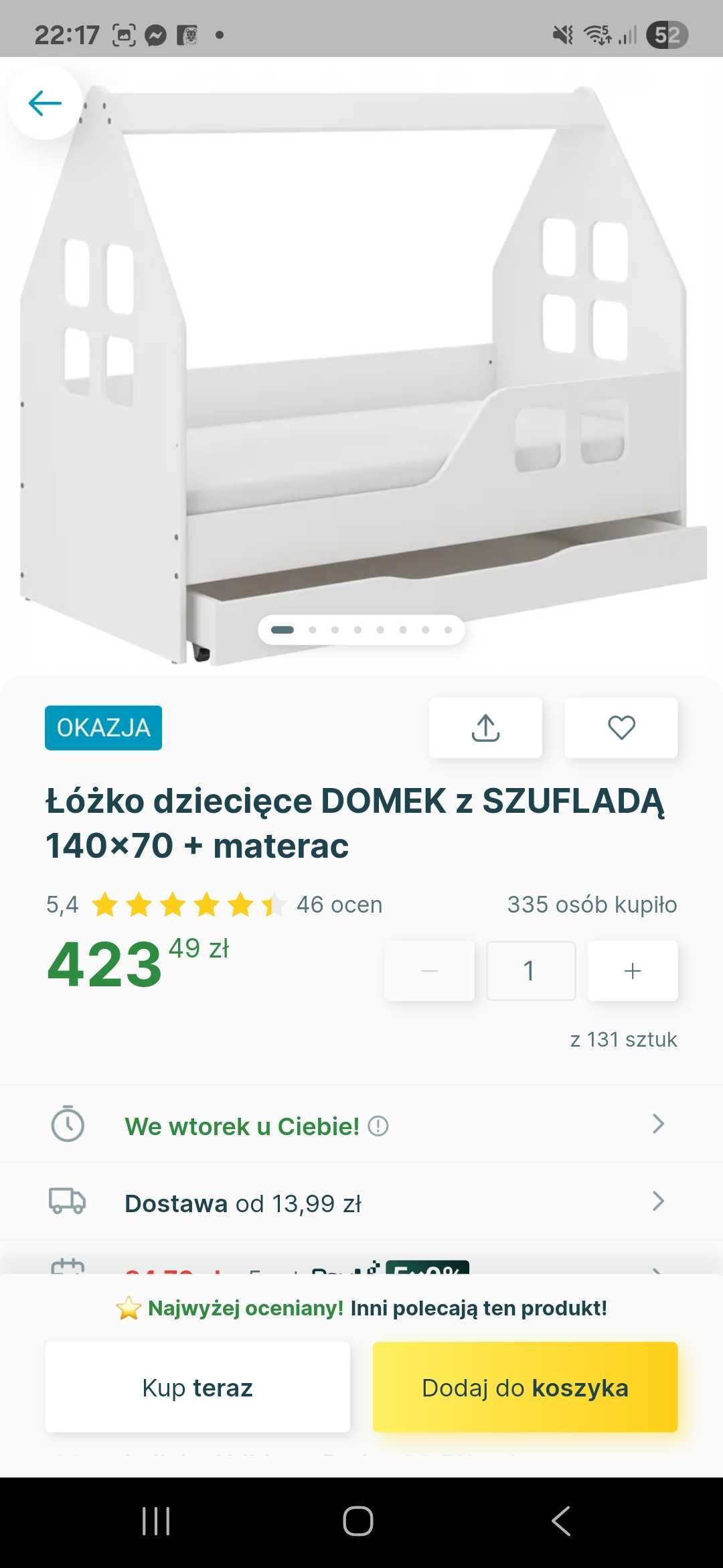 Łóżko dziecięce DOMEK z SZUFLADĄ 140x70 + materac