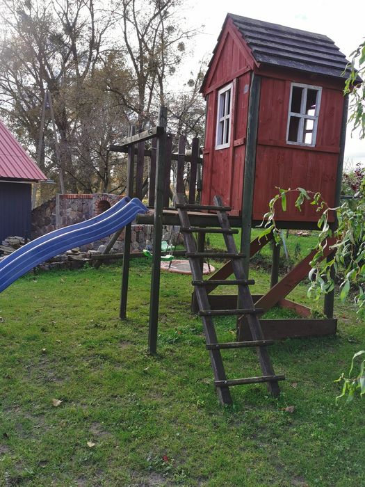 Solidny Drewniany Plac Zabaw dla Dzieci ze Zjeżdżalnią i Huśtaw