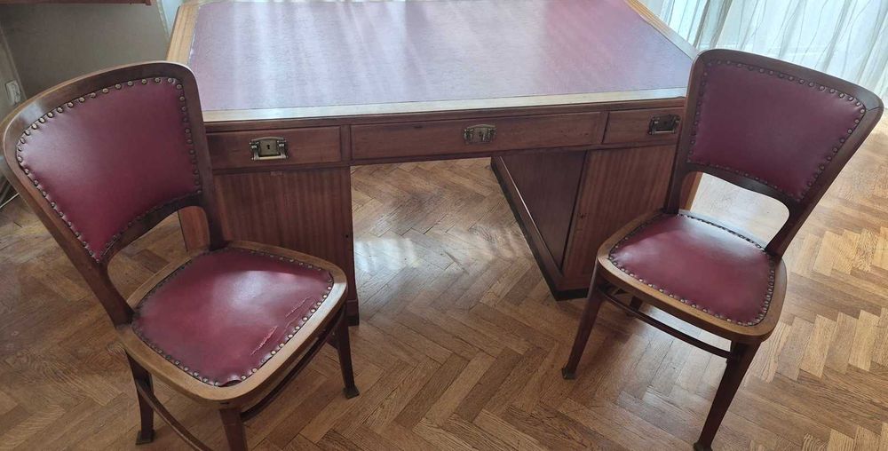 Zabytkowe 100-letnie biurko z 2 krzesłami - palisander