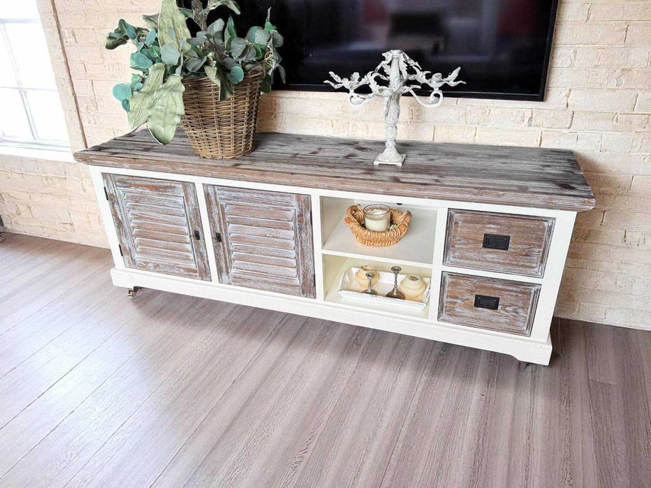 komoda rtv długa drewniana shuttersy szara farmhouse biała country 180