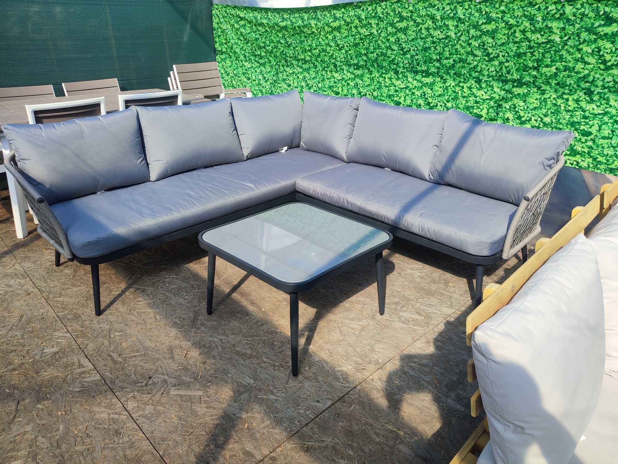 Duży narożnik ogrodowy plus stolik rattan sysntetyczny, grube poduchy