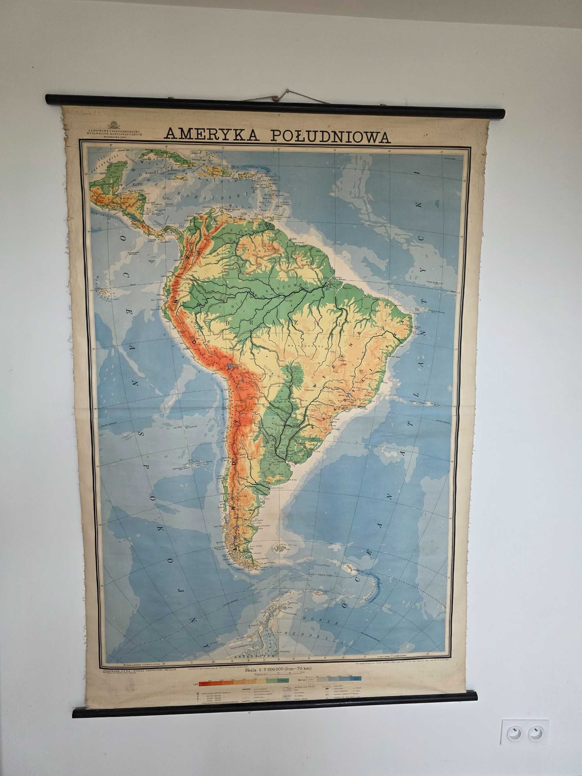 mapa wisząca ścienna Ameryka Południowa 1969 rok