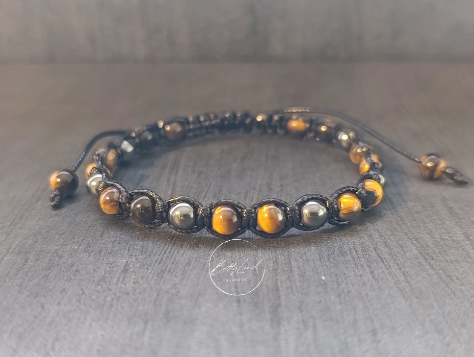 Męska bransoletka z tygrysim okiem i hematytem - handmade