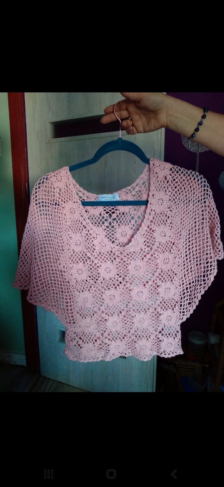 Ażurowa ozdobna bluzka różowa na wiosnę lato 100% bawełna rozmiar S