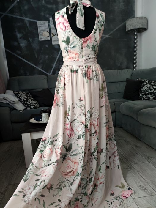 Długa maxi suknia sukienka wizytowa elegancka w kwiaty 40 l śliczna
