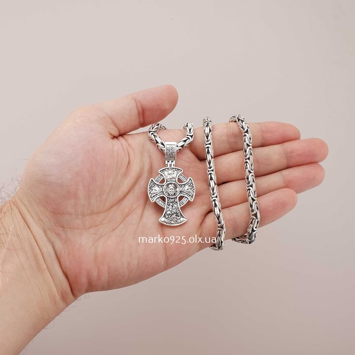 Товста чоловіча срібна цепочка лисячий хвіст і освячений кулон хрестик