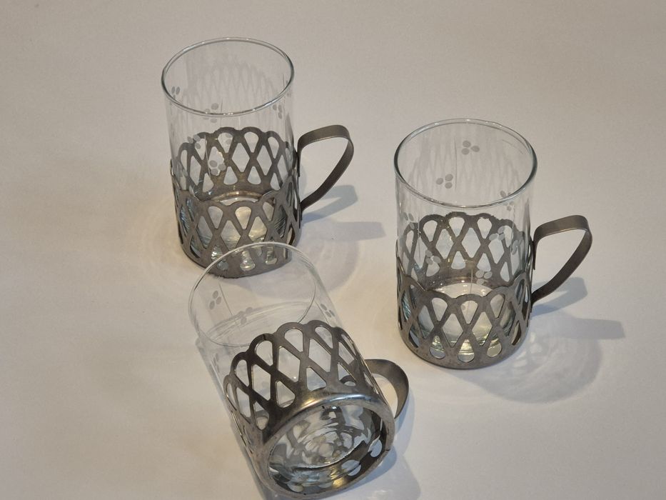 3 szklanki z PRL koszyczki i szklanki w kropki unikat