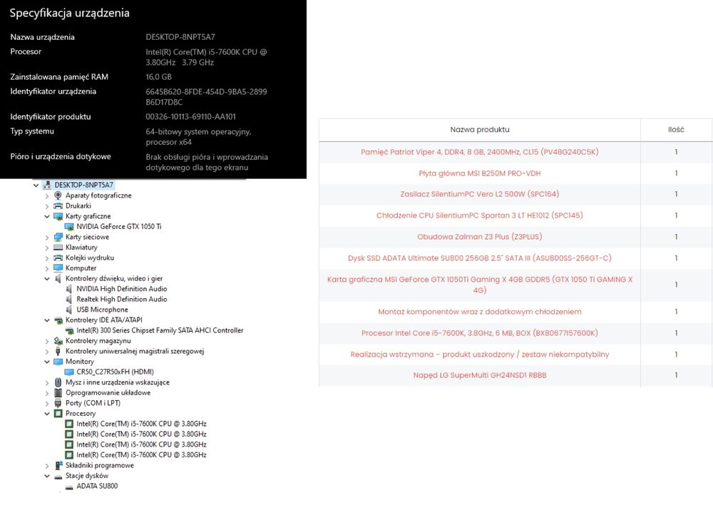 Komputer gamingowy + monitory - GTX 1050Ti , i5-7600