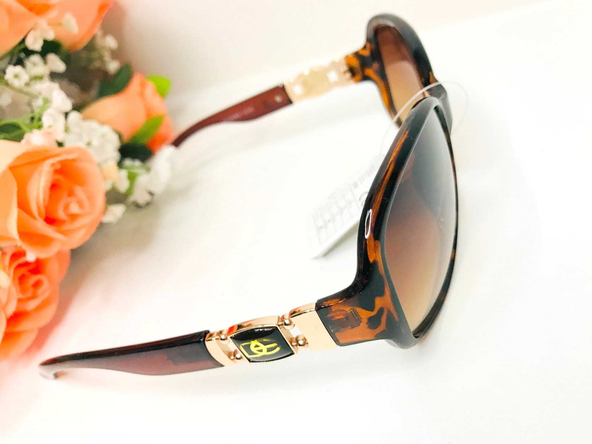 Okulary przeciwsłoneczne damskie brązowe panterka z emblematem