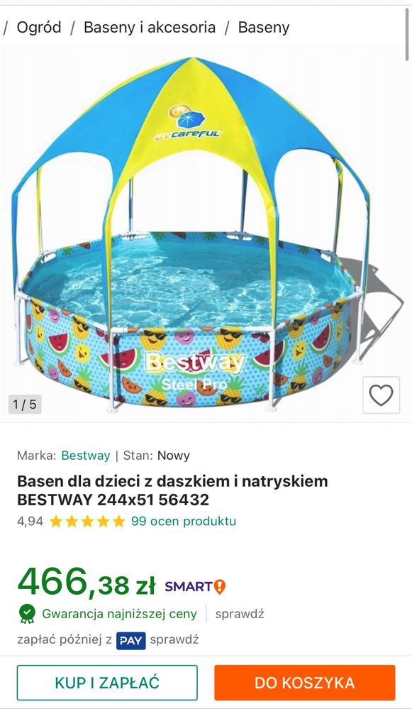 basen dla dzieci Bestway basen ogrodowy stelażowy daszek natrysk
