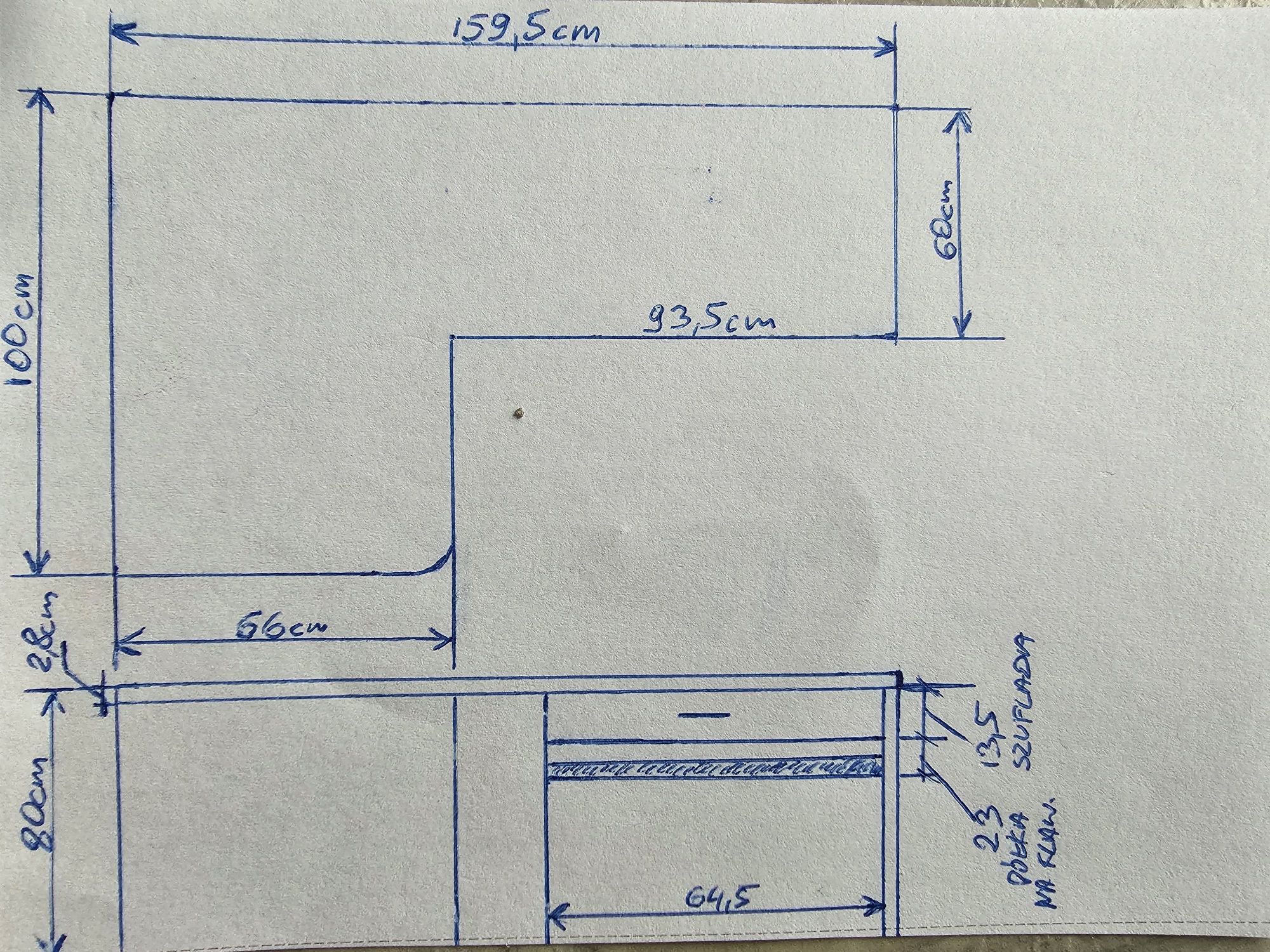 Duże biurko narożne 100x160 szafka, szuflada, półka klawiatura 2xBLUM