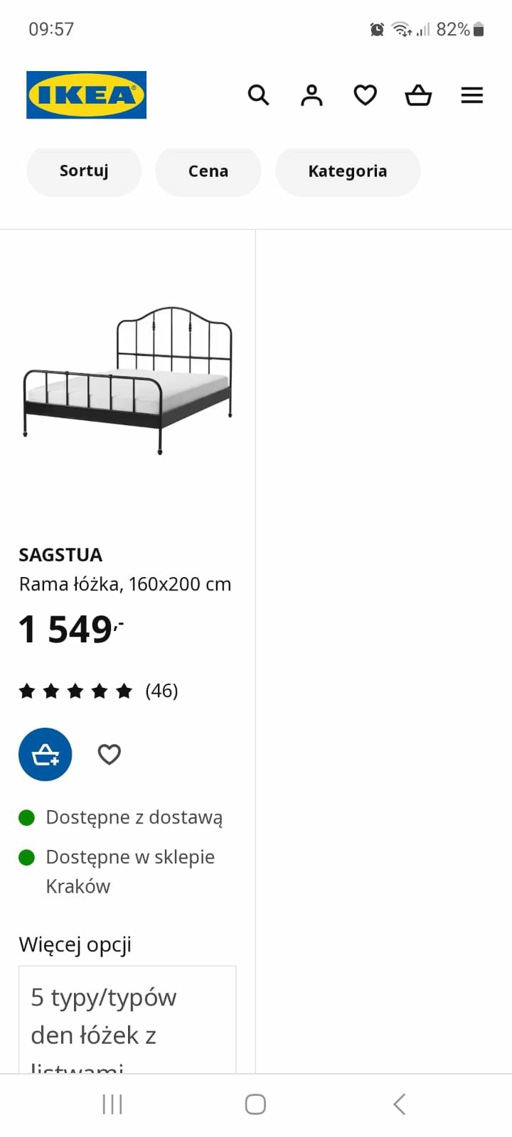 Łóżko SAGSTUA 160/200 metalowe do sypialni