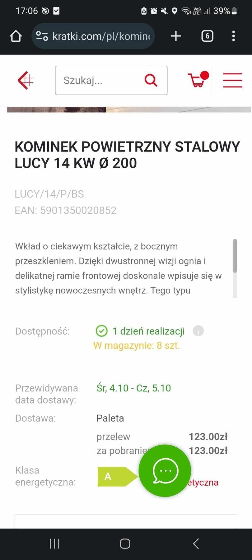 Kominek powietrzny stalowych 14 KW Ø 200