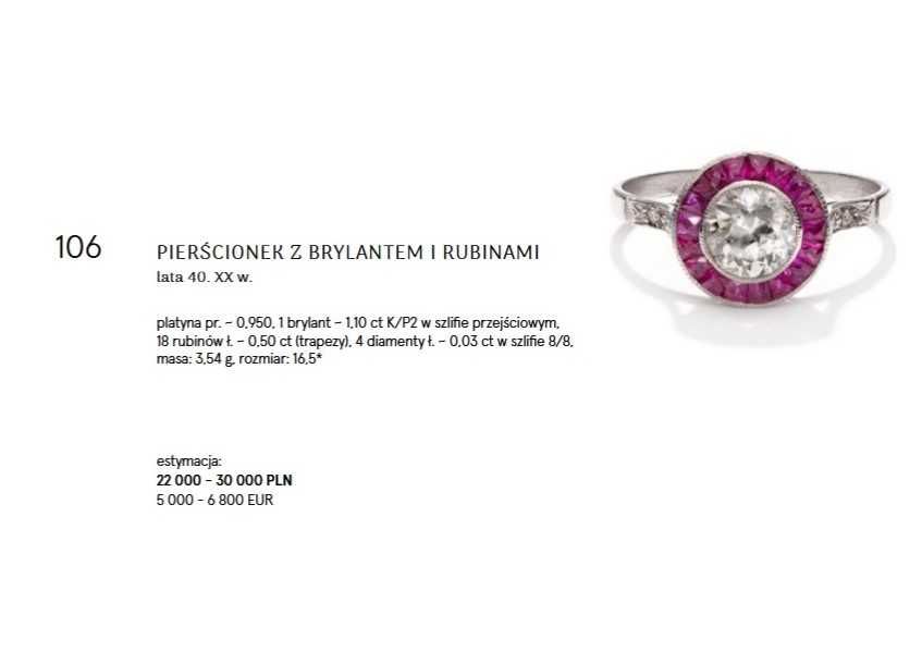 Platynowy pierścionek Art Deco - brylant 1,1 ct diamety, rubiny