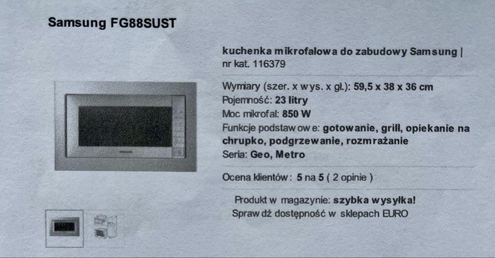 Mikrofalówka do zabudowy Samsung