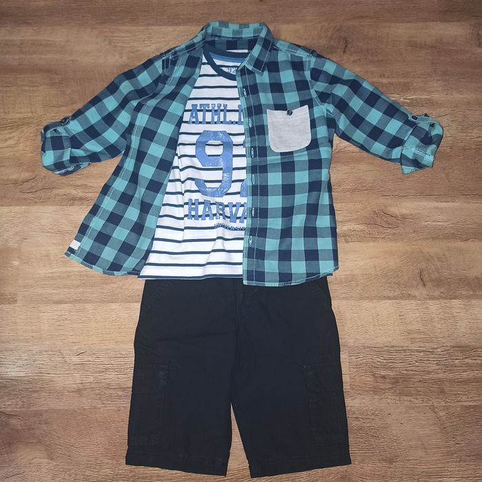 Zestaw  3 szt. ubrań, szorty spodenki bawełniane + t-shirt + koszula