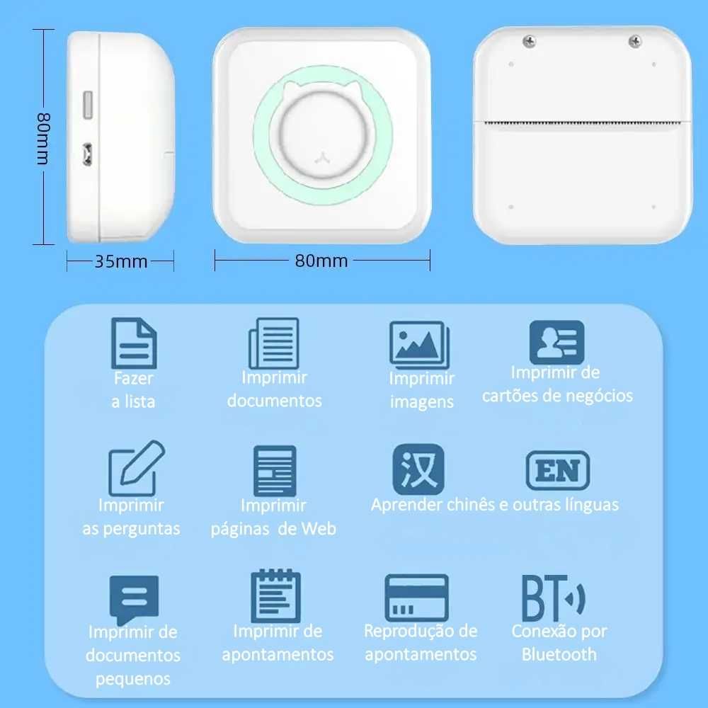Mini impressora»Portátil»USB»Rolo de papel próprio»Casa/escritório