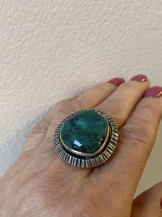 Pierścionek srebrny z chryzokolą, w stylu ORNO