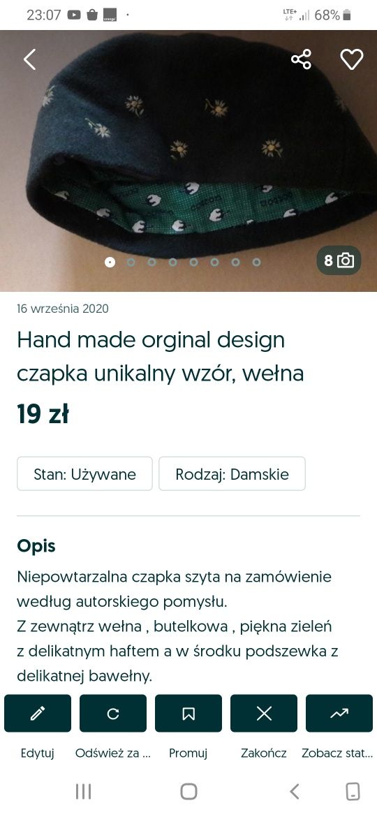 Unikatowa czapka z naturalnej wełny 100% hand made autorski pomysł