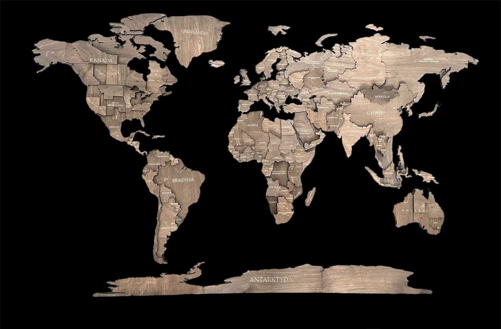 Nowa Drewniana Mapa Świata-Palisander - ciemny brąz 210x126, prezent