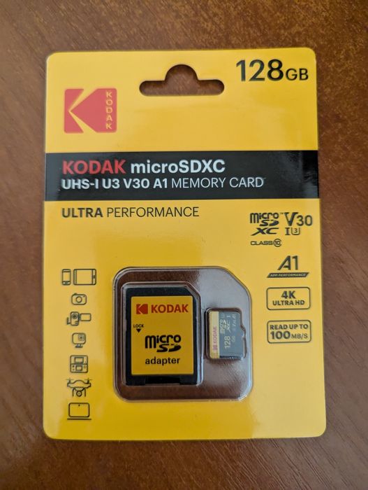 Карта пам'яті Kodak micro SD 128 Gb U3 A1 class 10 + адаптер
