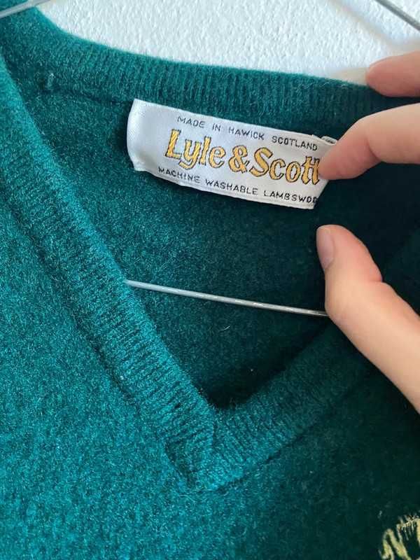 Ciemnozielony wełniany sweter 100% wełna lyle&scott vintage