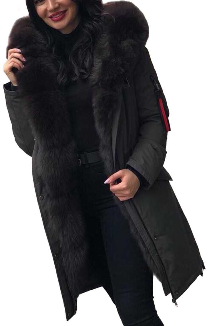 LIZA BRUCE długi płaszcz puchowy brązowe futro naturalny jenot M/L