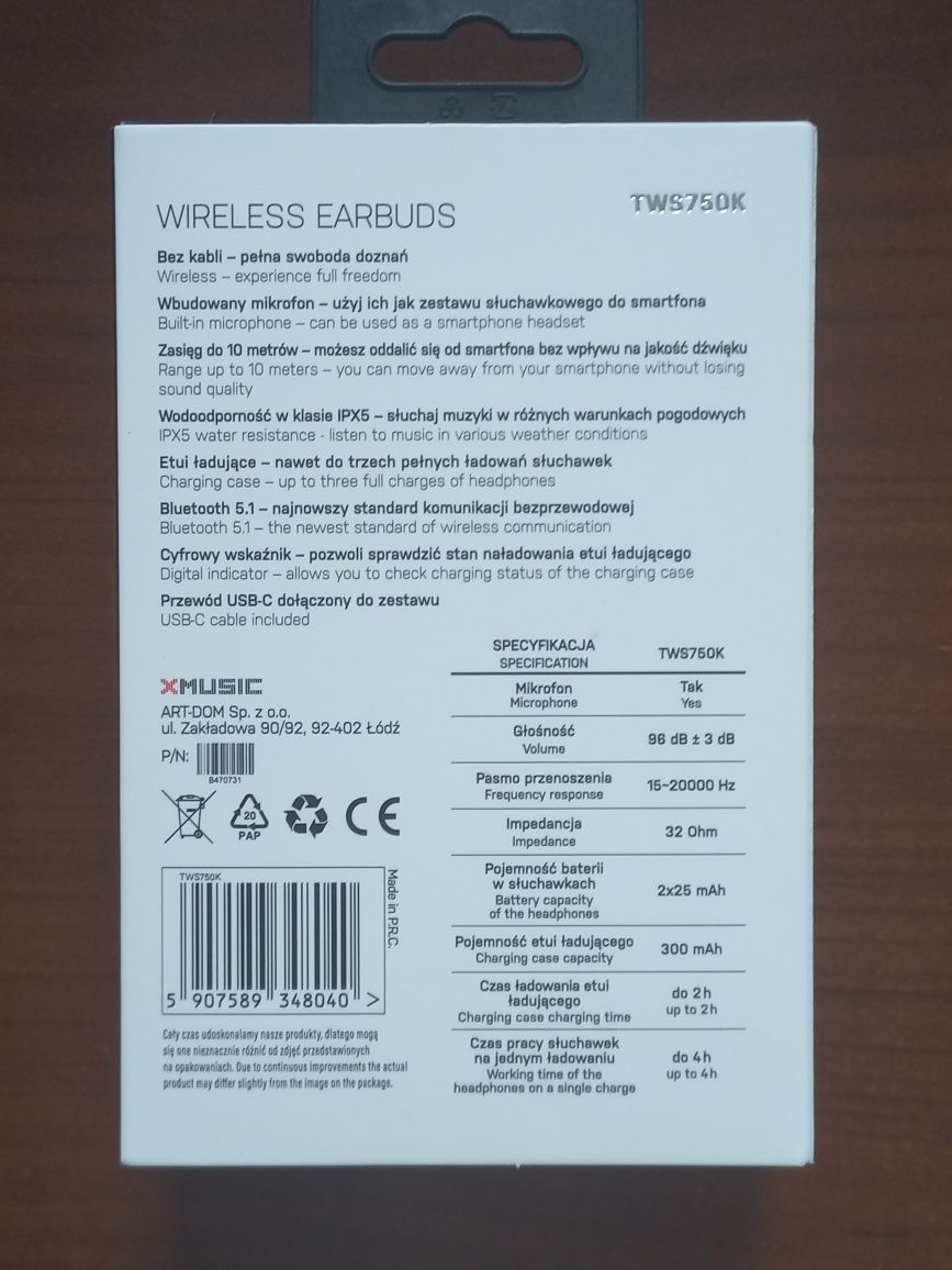 Nowe słuchawki douszne XMUSIC TWS750K Czarne