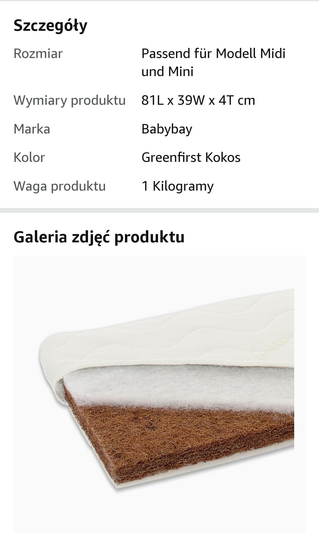 Materac kokos BabyBay łóżeczko dostawne 39x81